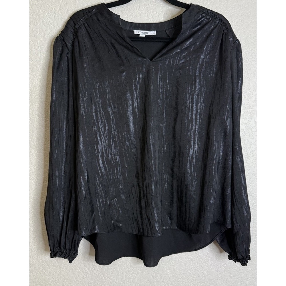 Chicos 3 US 16 Blouse Black Metallic Textured Pleated V Neck Top Blouse Event